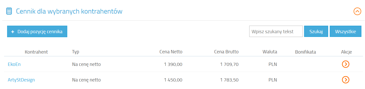 Sekcja określenia cennika produktu dla poszczeg&oacute;lnych kontrahent&oacute;w
