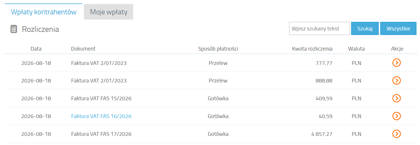 Okno rozliczeń w systemie Streamsoft Firmino