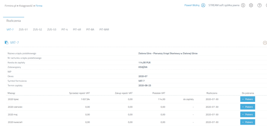 Dane VAT-7 na koncie użytkowania Firmino