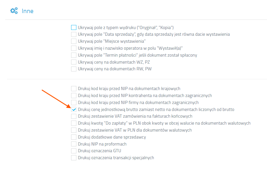 Drukuj cenę jednostkową brutto zamiast netto na dokumentach liczonych od brutto