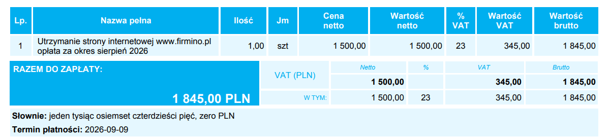 Podgląd pozycji na fakturze