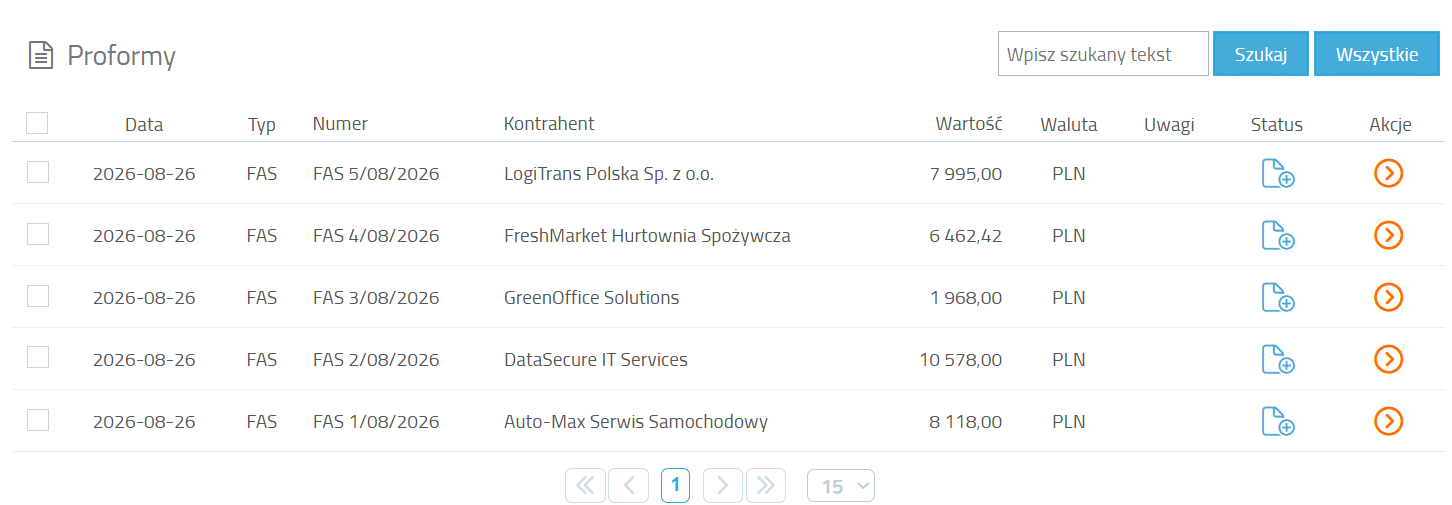 Lista wystawionych proform
