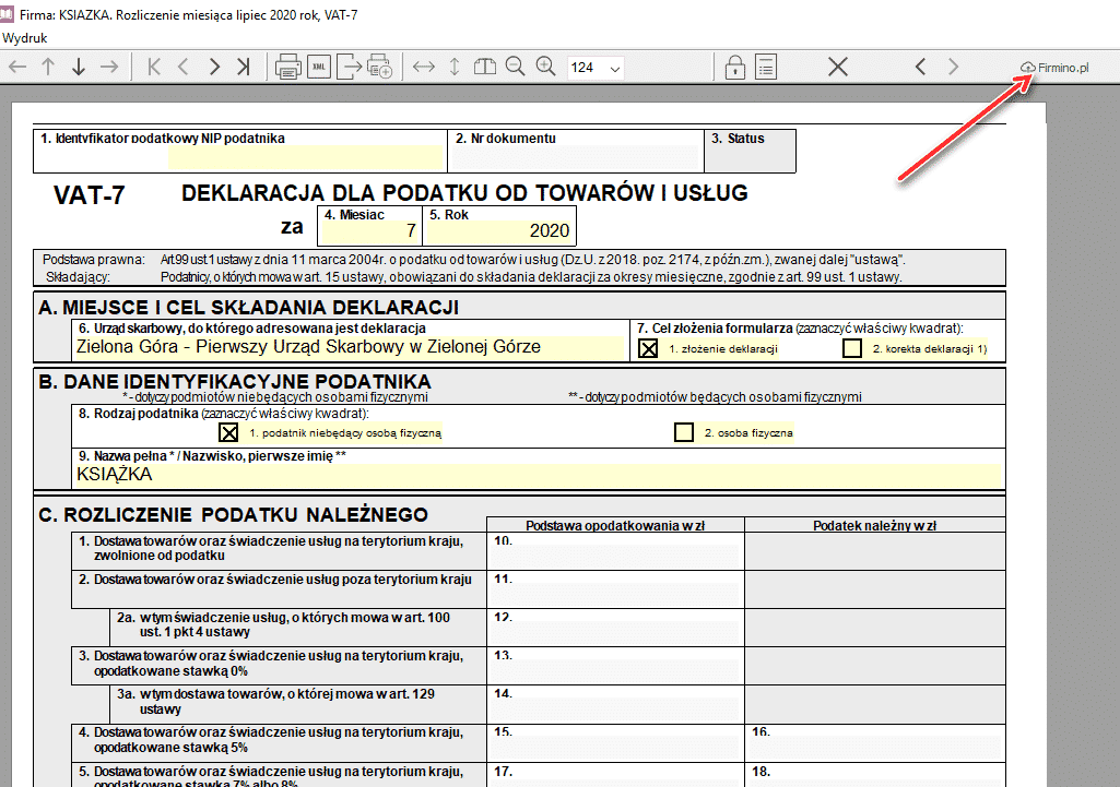 Wysyłanie VAT-7 na konto użytkownika Firmino