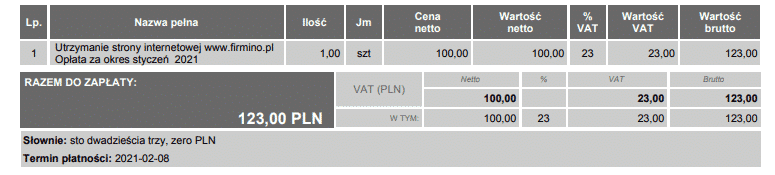 Faktura z dodatkowym parametrem