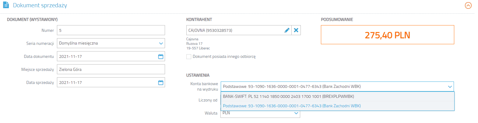 Wybór grupy kont bankowych w formularzu dokumentu