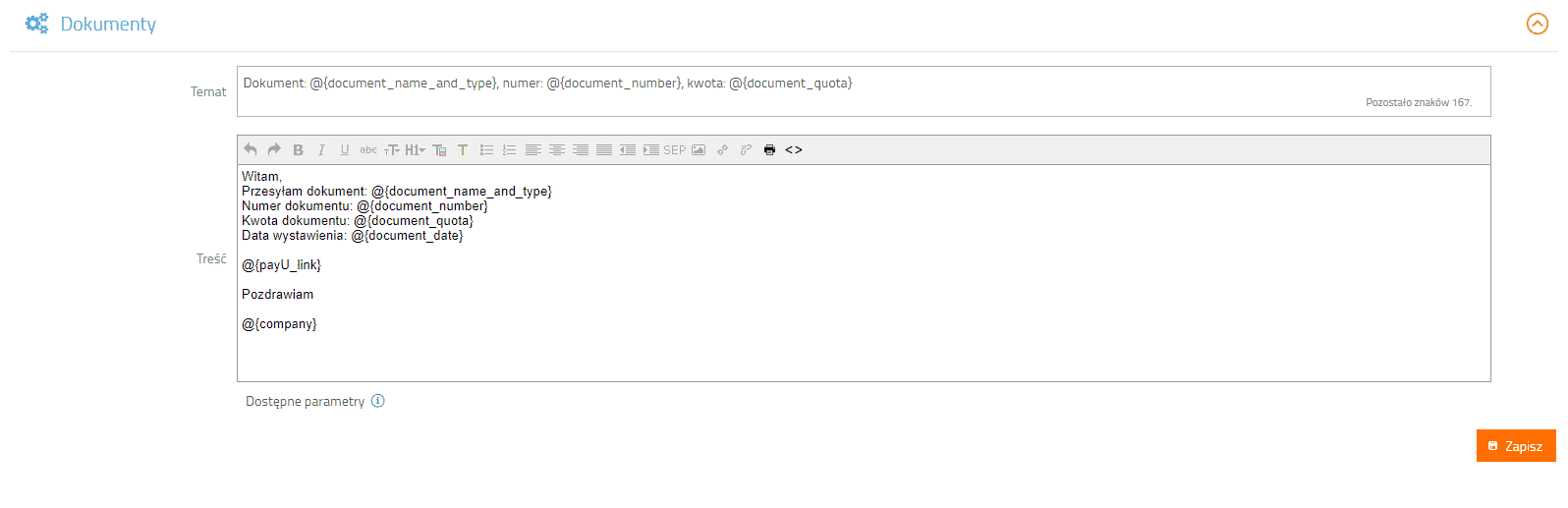 Konfiguracja domyślnej wiadomości e-mail z wysyłaną fakturą
