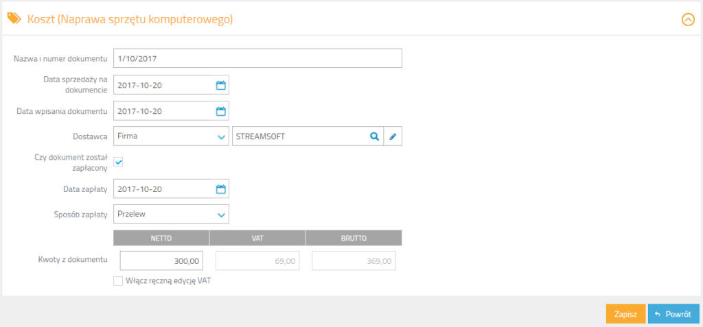 Wprowadzenie danych z dokumentu kosztowego