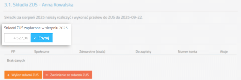 edycja opłaconych stawek ZUS