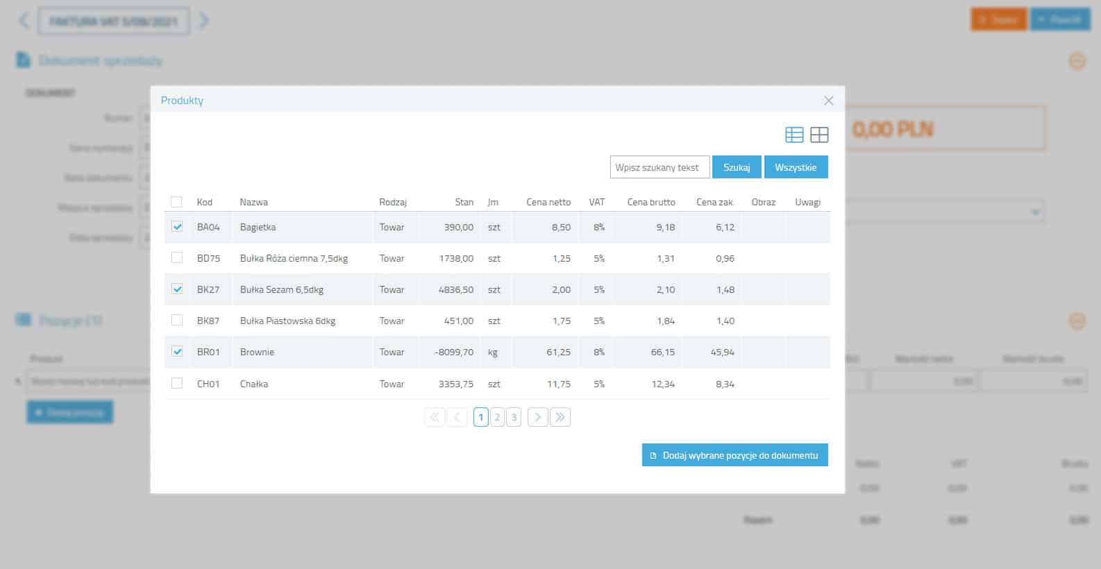 Wybór pozycji na fakturze
