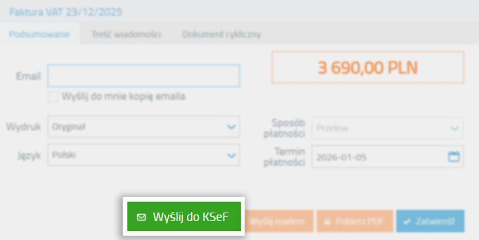 Akcja wyślij do KSeF w podsumowaniu dokumentu sprzedaży