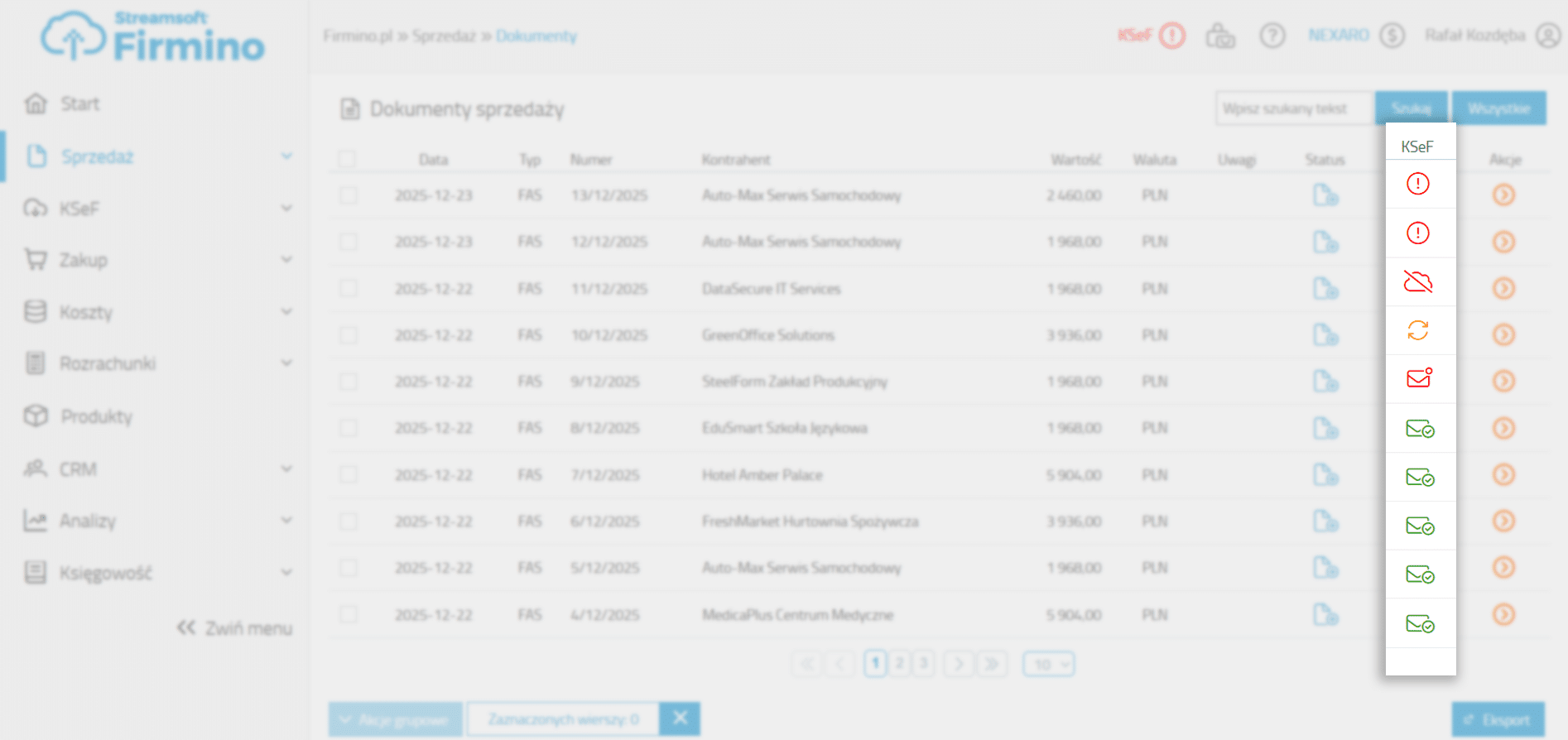 Statusy KSeF na liście dokument&oacute;w sprzedaży