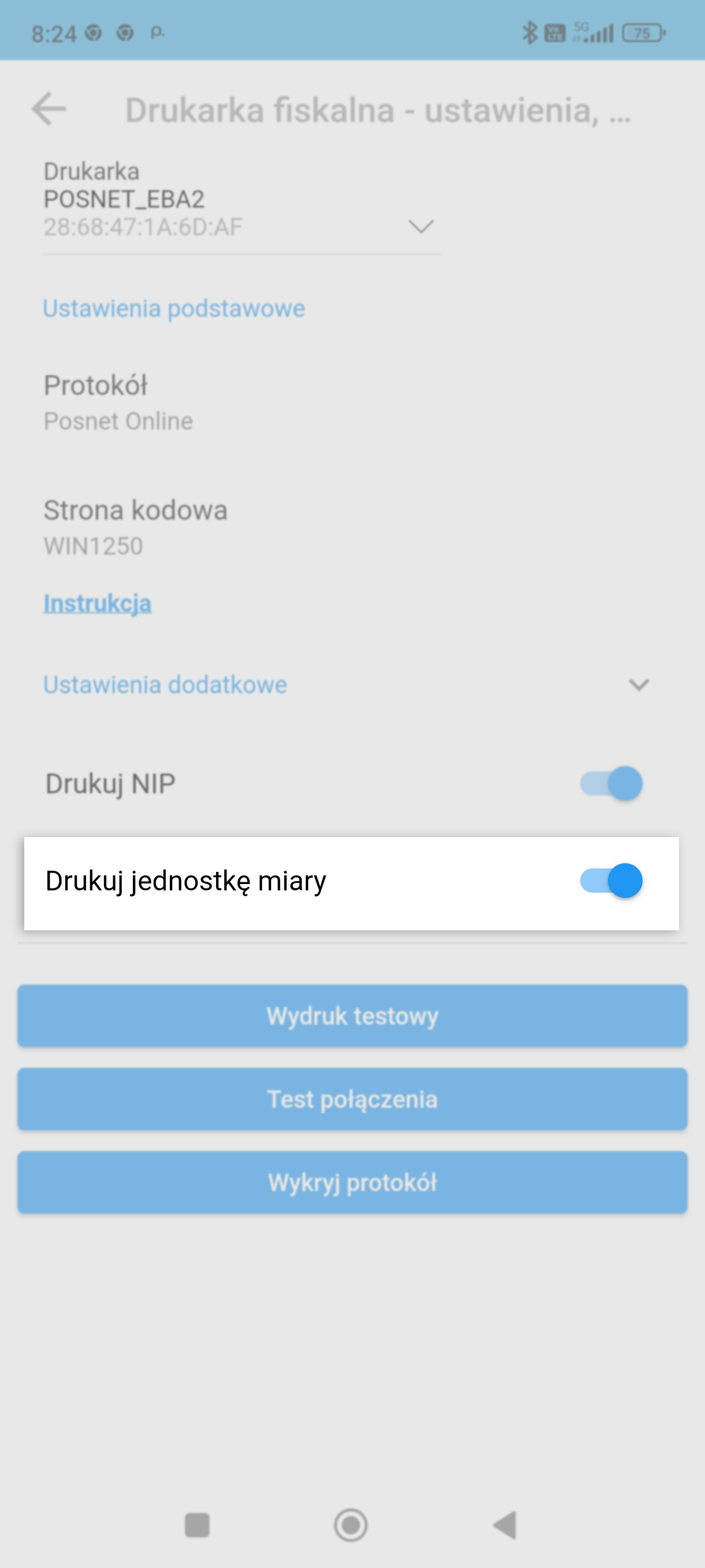 Drukuj jednostkę miary na paragonie