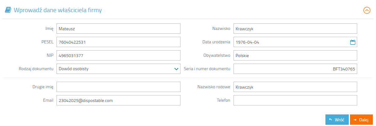 Dane właściciela firmy