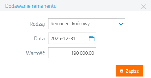 Dodanie wpisu z remanentem kończowym