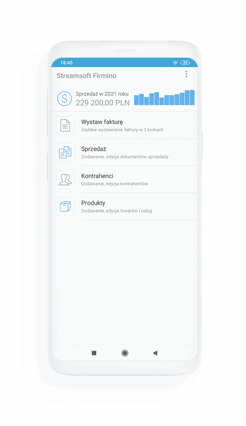 Ekran smartfona z aplikacją CRM online do wystawiania faktur, zarządzania sprzedażą, kontrahentami i produktami.