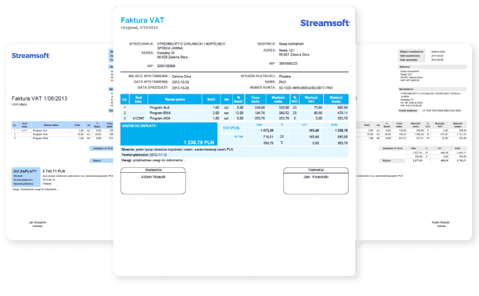 Szablony trzech przykładowych faktur VAT wygenerowanych w programie do faktur zintegrowanego z e-commerce.