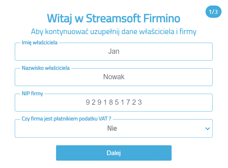 Formularz rejestracyjny w programie do faktur bez vat z danymi właściciela i firmy
