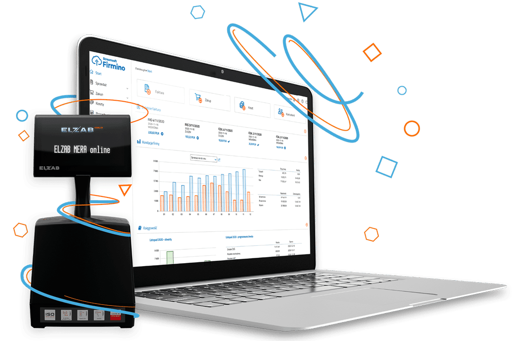 Laptop z programem do faktur oraz drukarka fiskalna ELZAB MERA pokazujące wydruk paragonów w integracji z e-commerce.