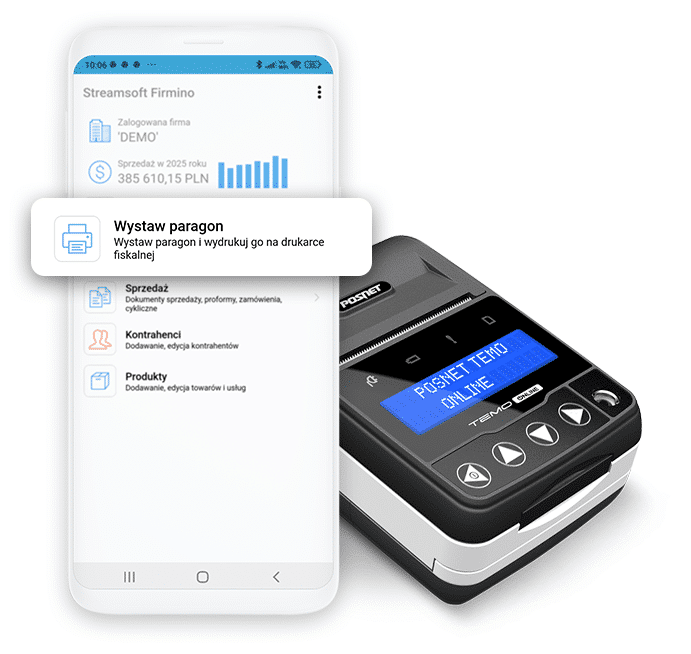 Smartfon z aplikacją do wystawiania paragonów i drukarka fiskalna POSNET TEMO pokazujące obsługę fiskalizacji na smartfonie.