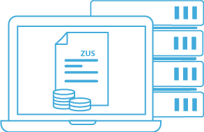Ilustracja laptopa z dokumentem ZUS i monetami na ekranie oraz serwerami w tle symbolizująca księgowość online.