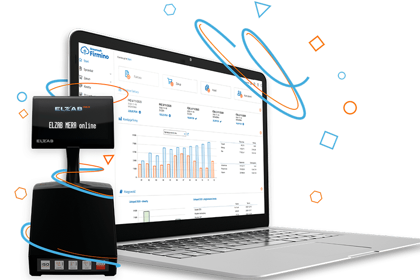 Laptop z otwartym programem do księgowości online i podłączoną drukarką fiskalną ELZAB MERA online dla e-commerce.