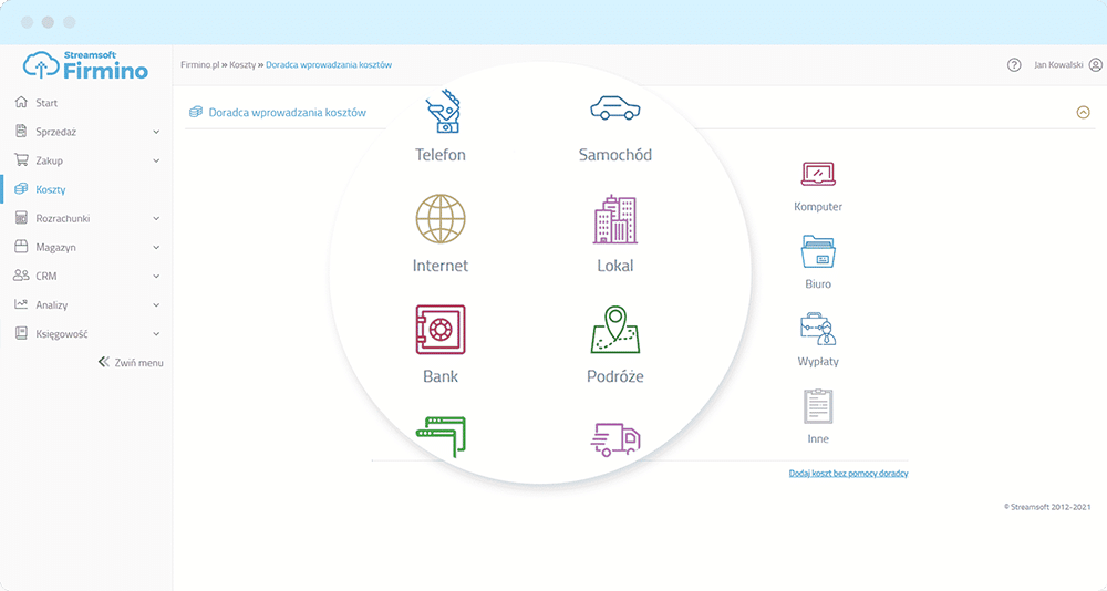 Ekran programu księgowości online z kategoriami kosztów takimi jak telefon, samochód, internet, lokal, bank i podróże.