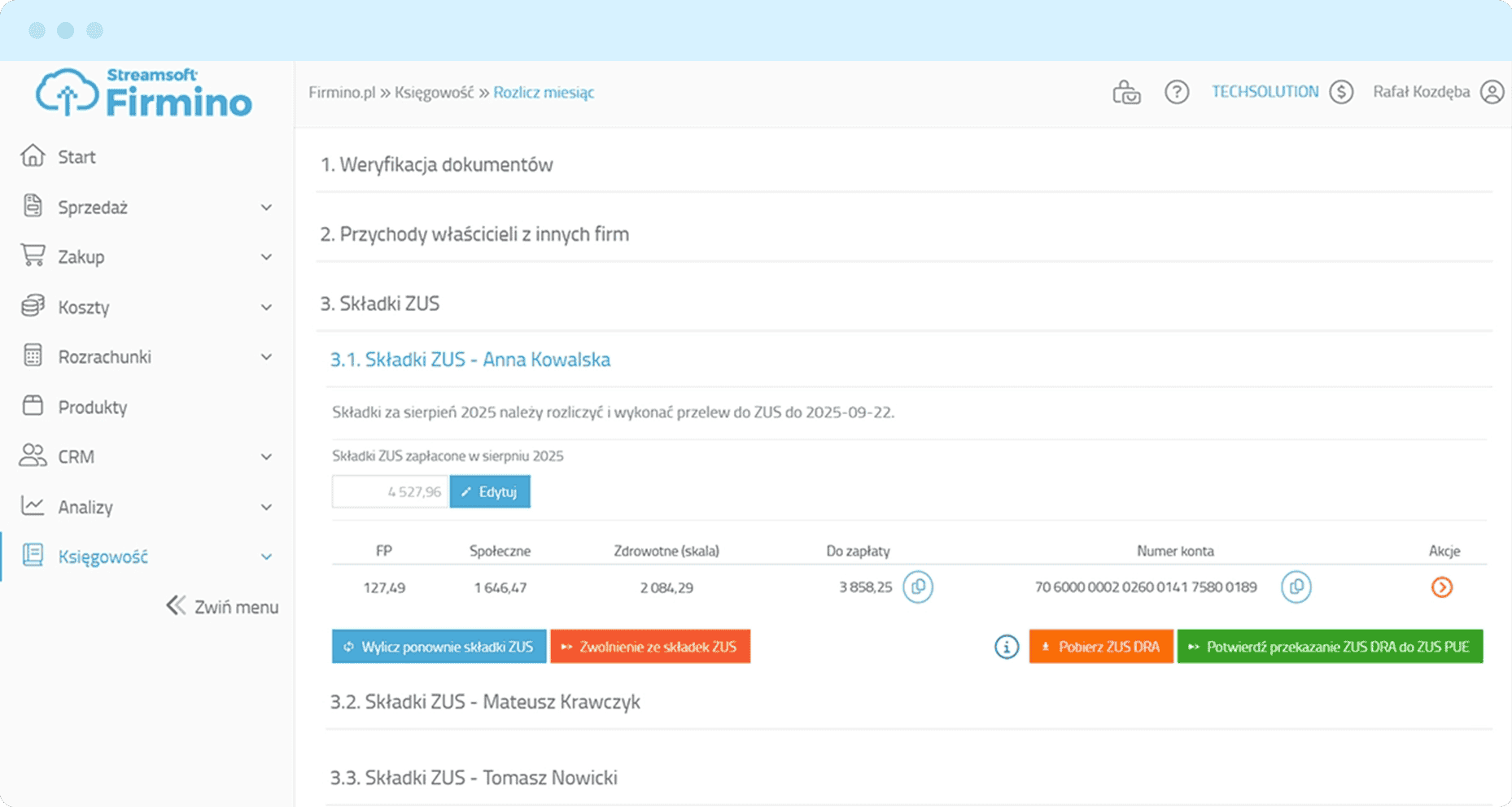 Panel księgowości online pokazujący składki ZUS dla kilku osób z opcją edycji i pobrania dokumentów.