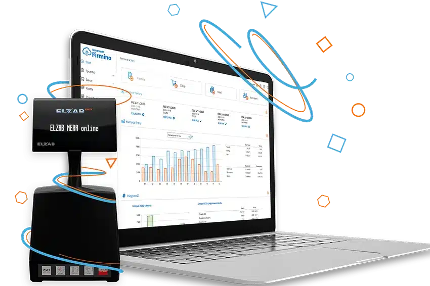Laptop z otwartym programem do faktur i urządzenie fiskalne ELZAB MERA online obok ekranu.