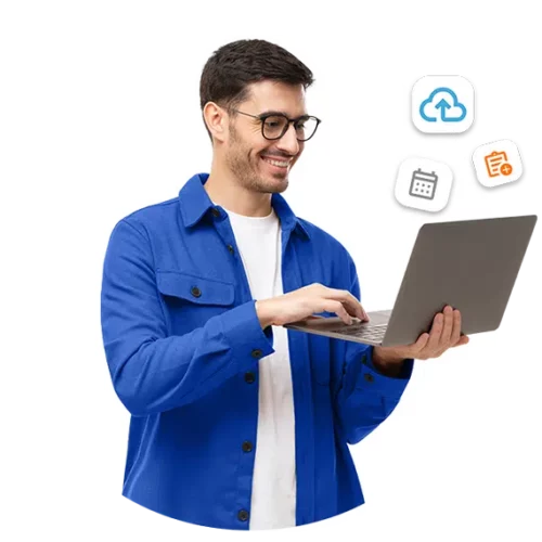 Mężczyzna korzystający z programu do faktur na laptopie z ikonami chmury, kalendarza i dokumentów.