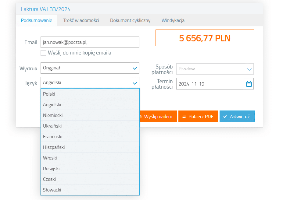 Ekran programu do faktur z opcją wyboru języka, w tym faktury w języku angielskim i podsumowaniem płatności.