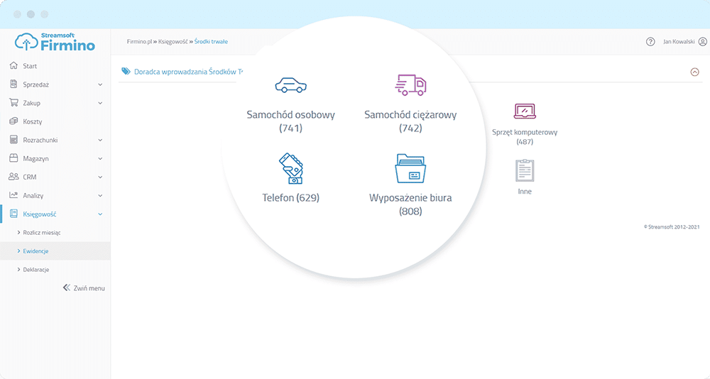 Ekran programu do księgowości online z kategoriami środków trwałych jak samochód, telefon i wyposażenie biura.