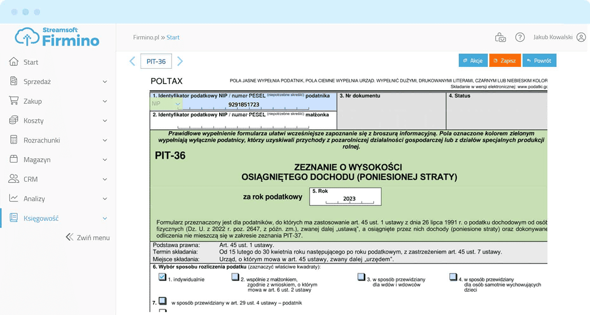 Ekran programu księgowego z formularzem PIT-36 do rozliczenia podatku dla działalności nierejestrowej.