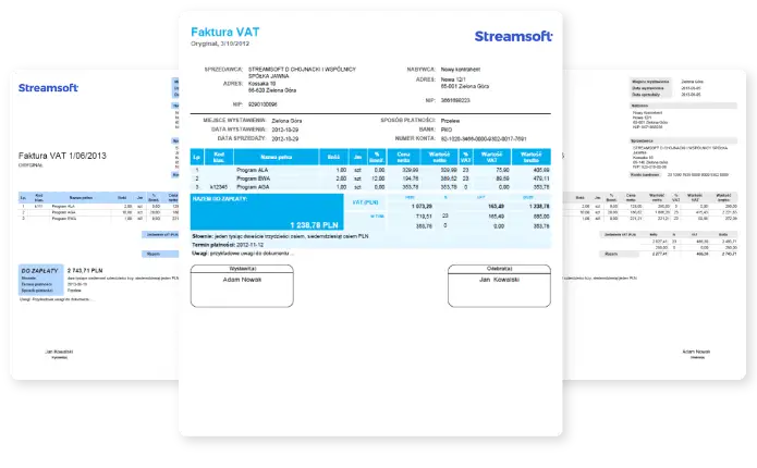 Szablony trzech przykładowych faktur VAT wygenerowanych w programie do faktur Streamsoft Firmino.