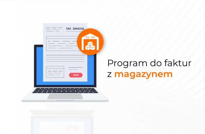 Laptop z dokumentem i ikoną magazynu, symbolizujące program do faktur z magazynem