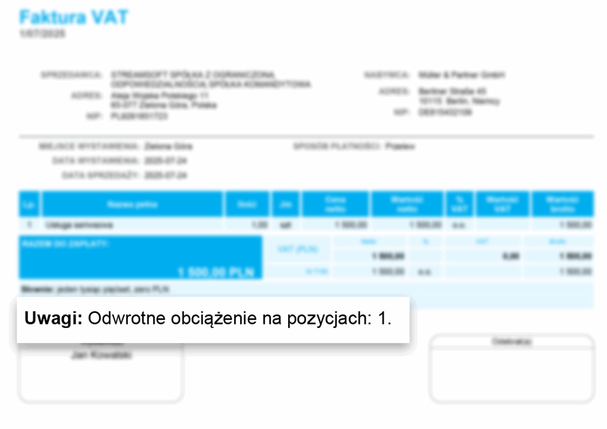 Przykładowy wydruk faktury z oznaczeniem odwrotnego obciążenia