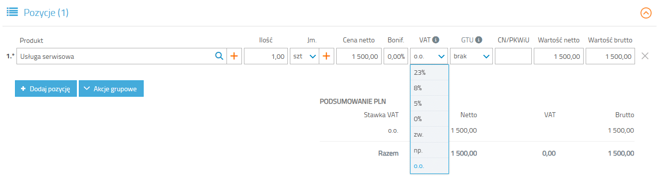 Fragment interfejsu systemu Streamsoft Firmino, gdzie widać wybór stawki dot. odwrotnego obciążenia