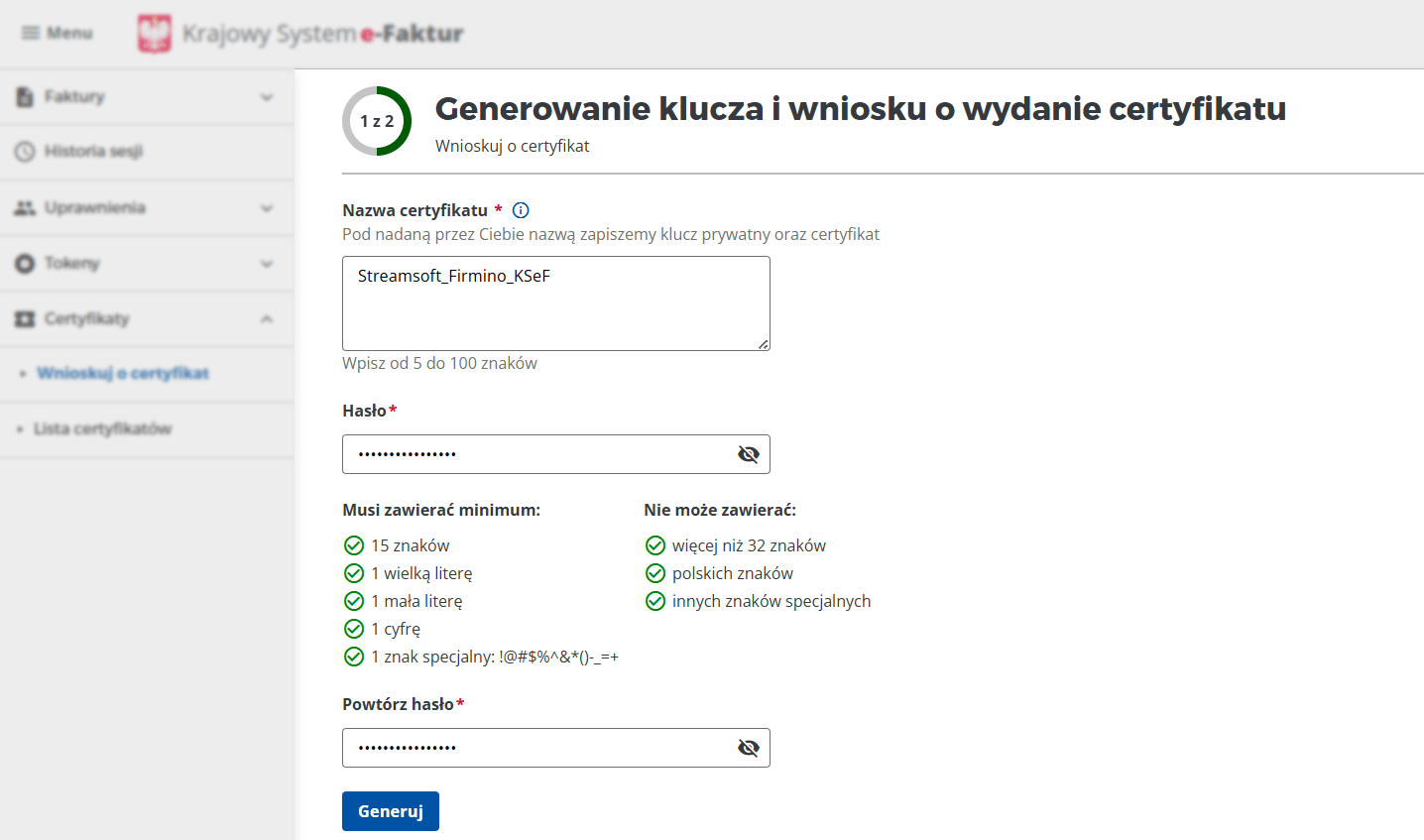 Generowanie certyfikatu KSeF