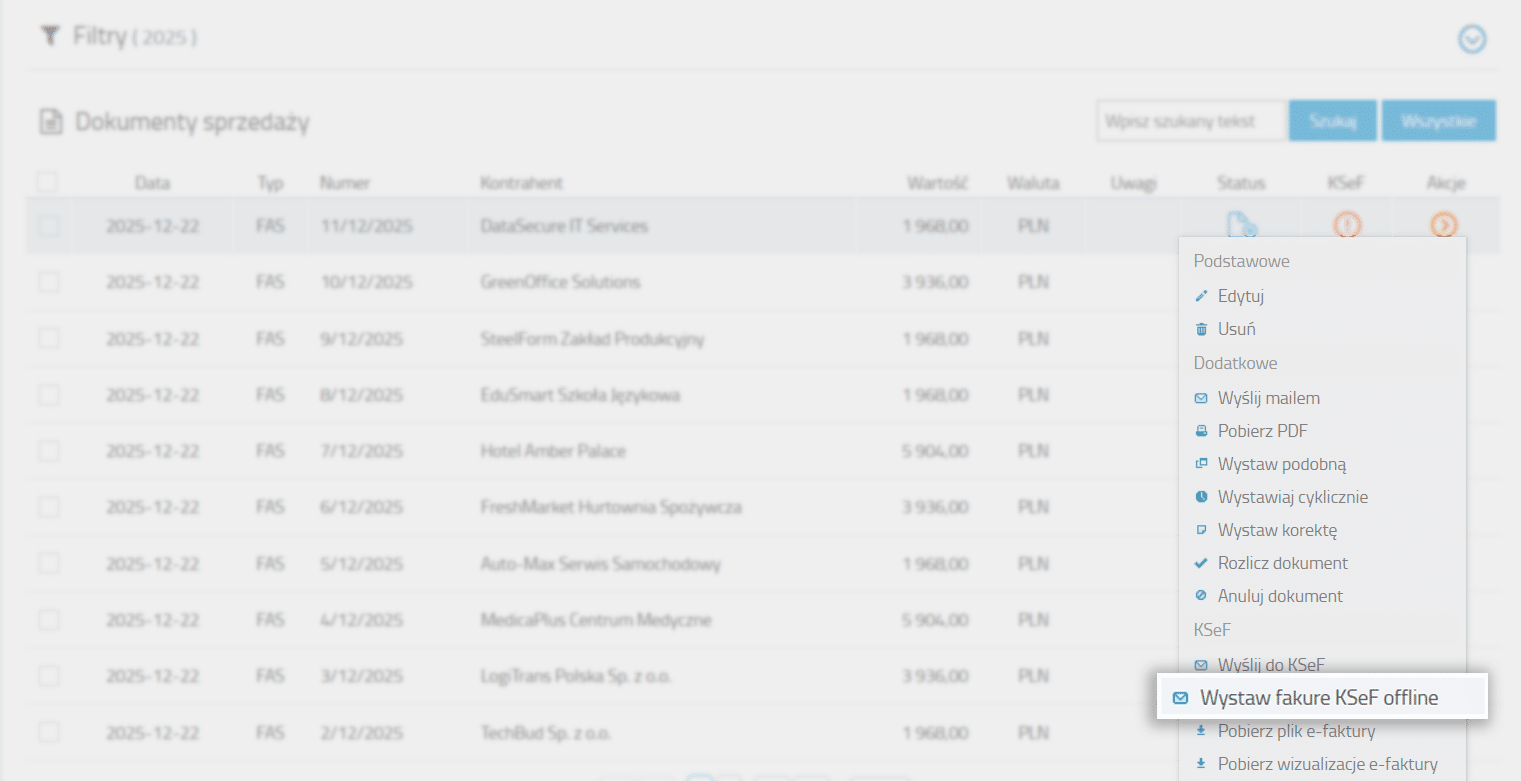 Wystawianie faktur w trybie offline KSeF