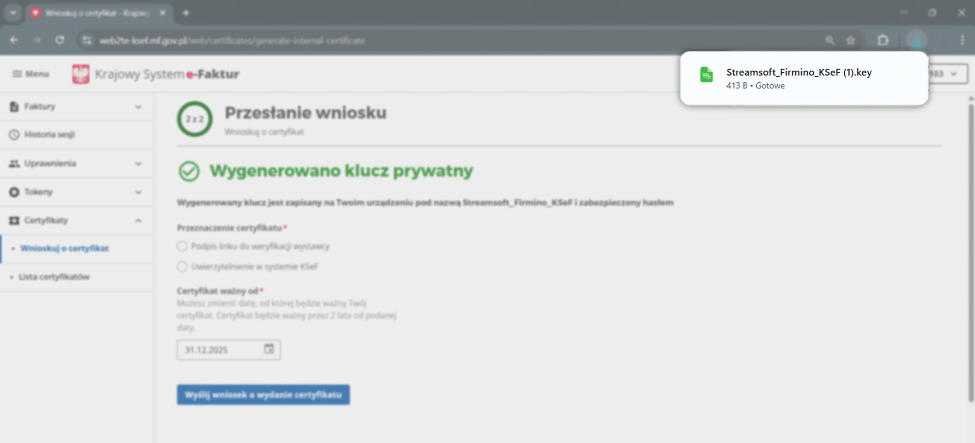 Pobranie klucza prywatnego KSeF