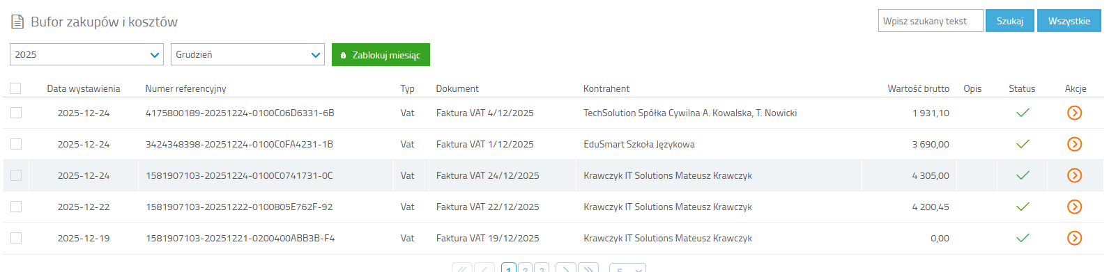 Lista zaimportowanych faktur z KSeF