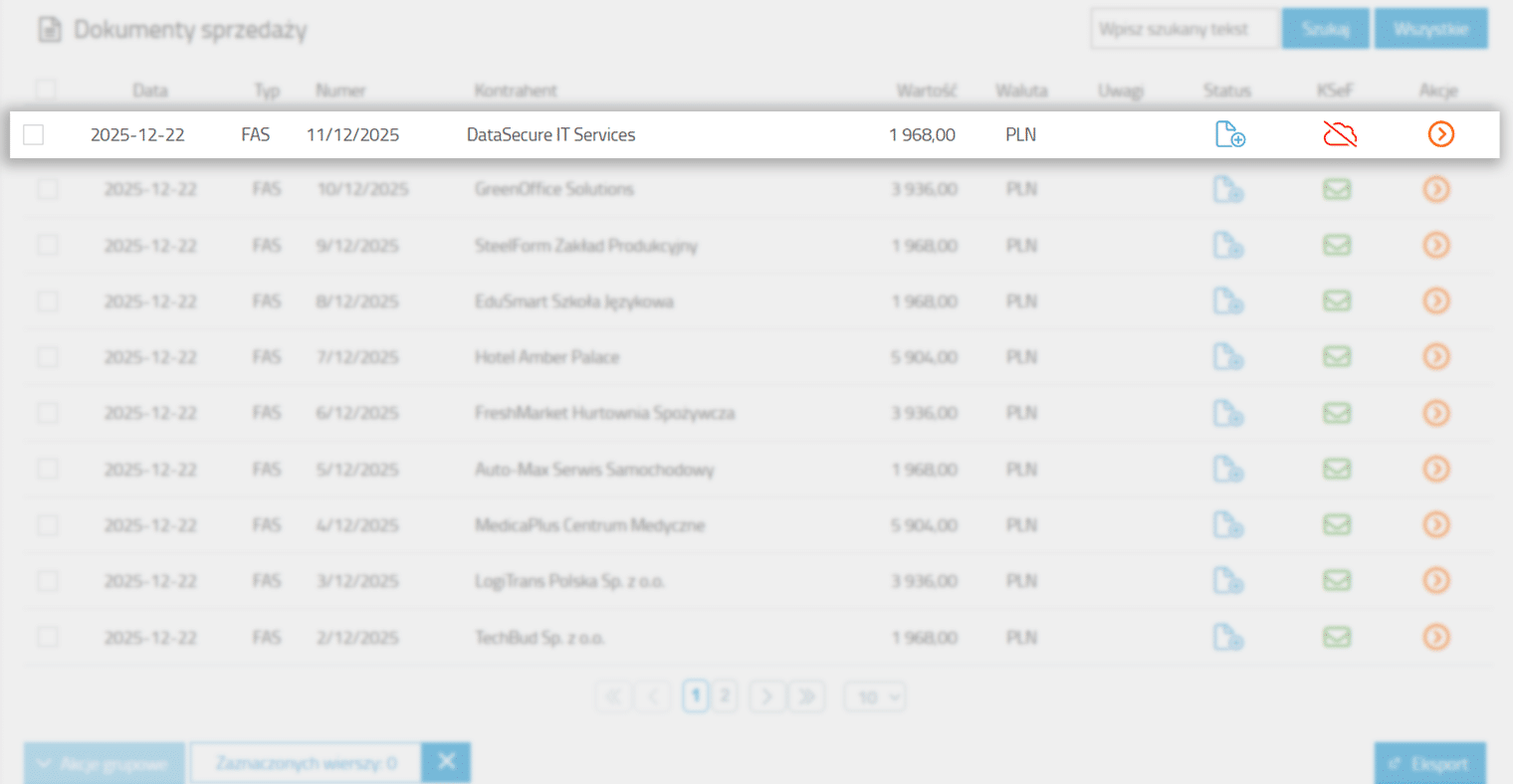 Faktura na liście dokument&oacute;w ze statusem KSeF Offline