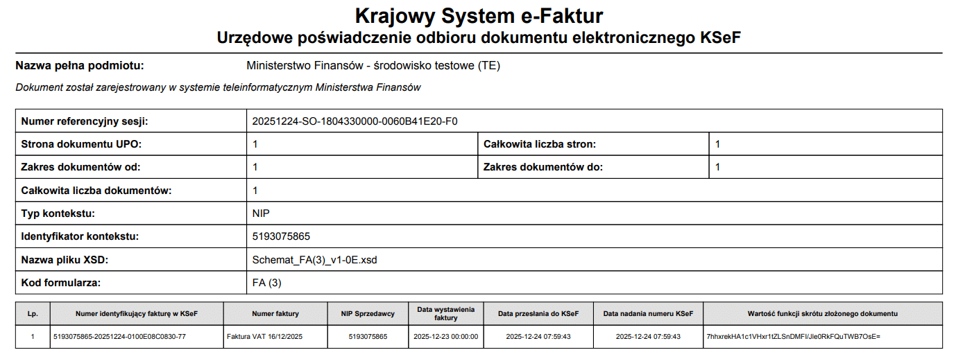 Urzędowe poświadczenie odbioru dokumentu elektronicznego KSeF