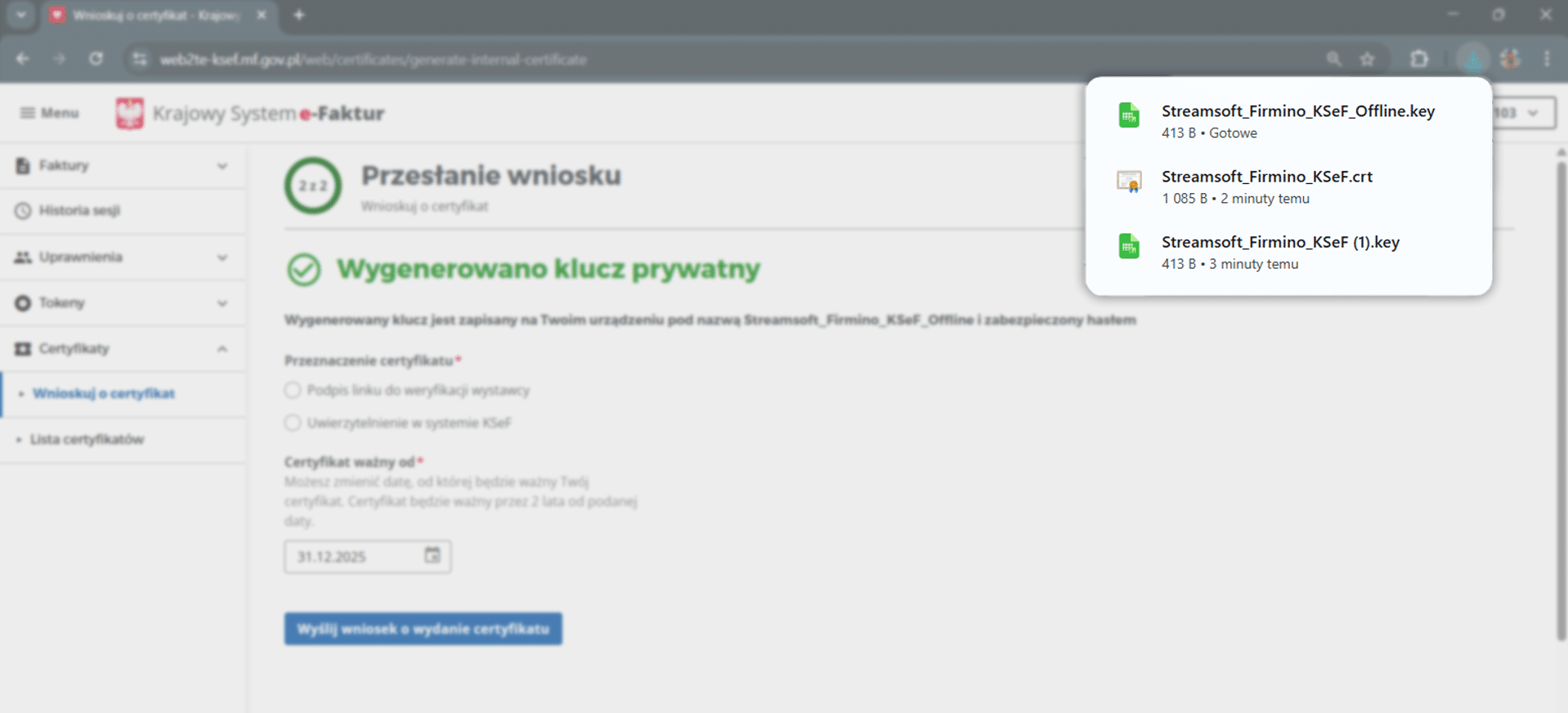 Pobranie klucza do certyfikatu KSeF Offline