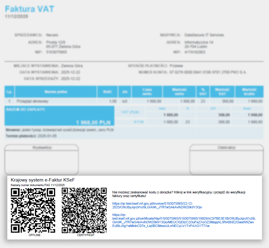 Faktura wystawiona w trybie offline z kodem QR