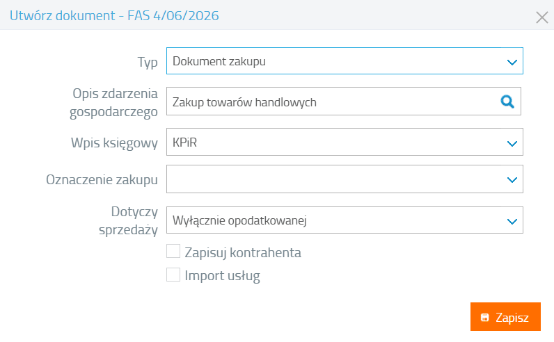 Okno ręcznego dodawania dokumentu z buforu KSeF
