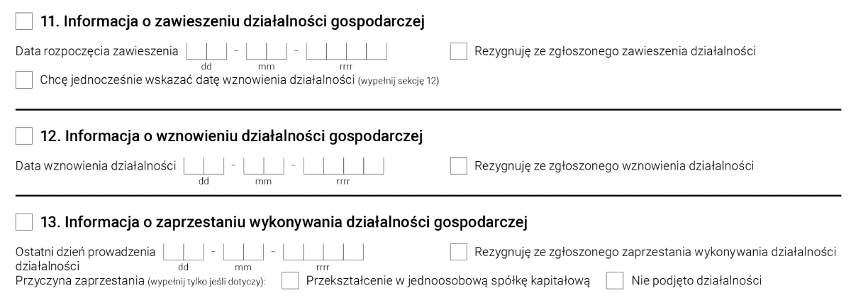 Formularz CEIDG-1 - sekcja nr. 11, 12, 13