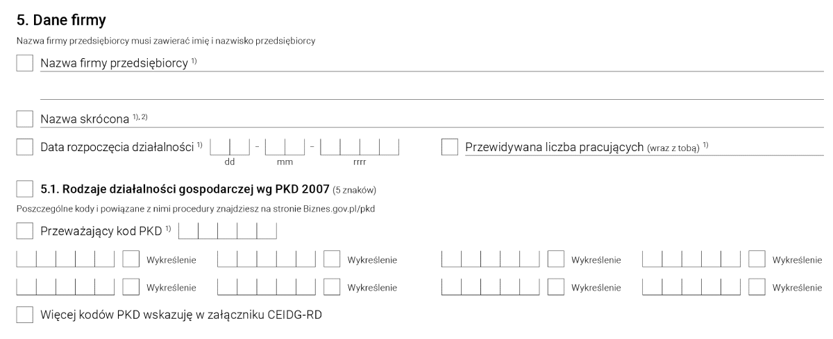Formularz CEIDG-1 - sekcja nr. 5