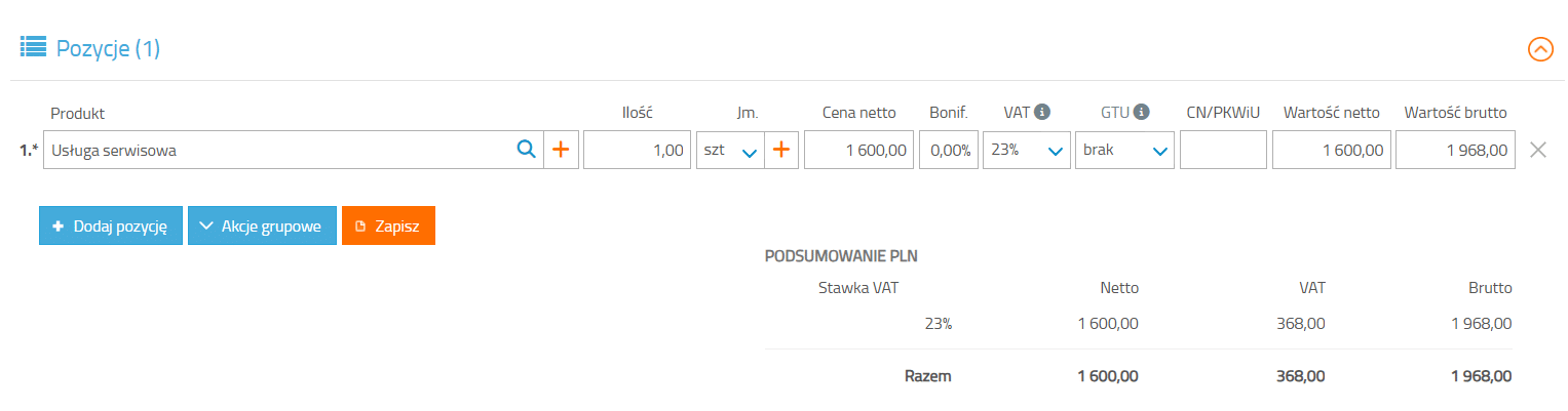 Pozycje na formularzu nowego zam&oacute;wienia w Streamsoft Firmino